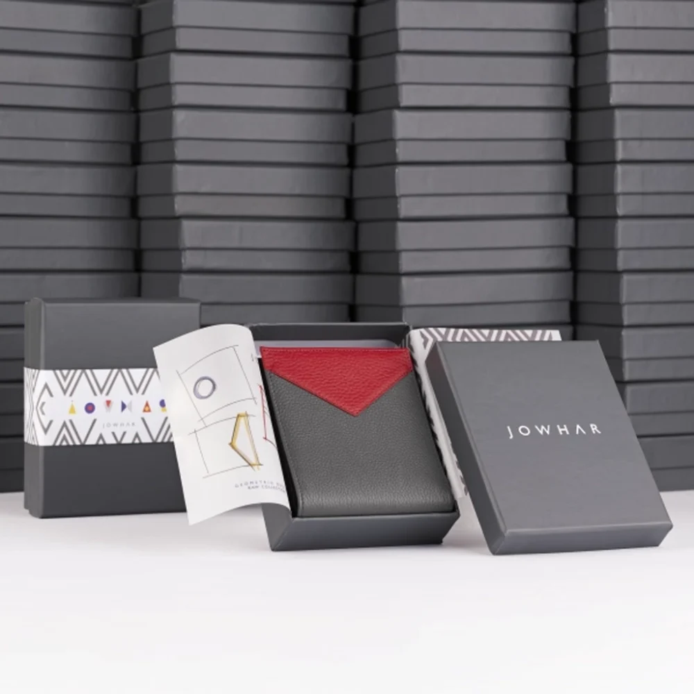 کیف پول چرمی Jowhar RAW Night Flash خاکستری و قرمز بسته بندی